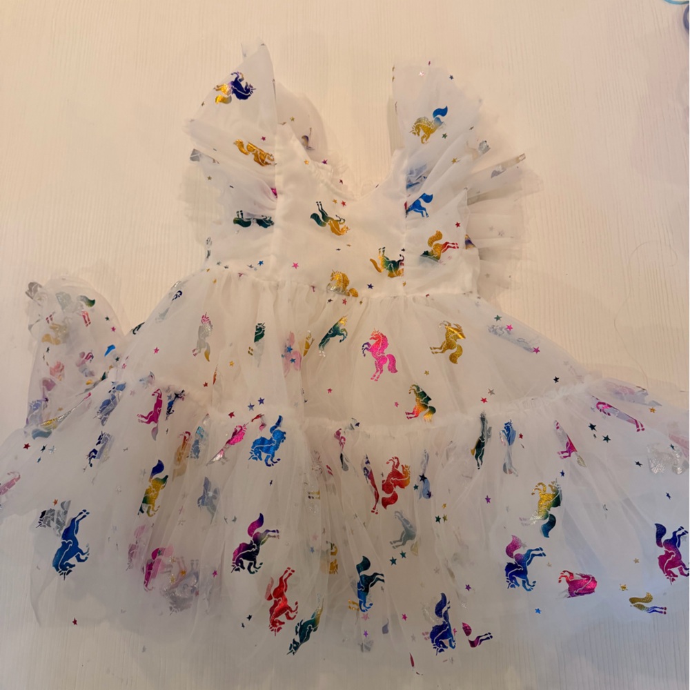 Lola + The Boys White Tulle Dress with Rainbow Unicorns